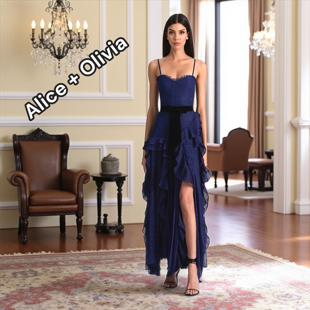 Alice + Olivia Milla Lace Maxi Dress - Blue Lace and Black Velvet Evening Dress - Picture 7 of 10